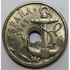 SPAIN 1949 . FIFTY 50 CENTIMOS COIN . ERROR . HOLE OFF CENTRE